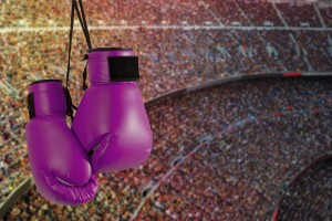 Pair of purple boxing gloves hanging against the backdrop of the stadium